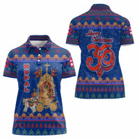 Nepal Christmas Women Polo Shirt with Blue-Red Pattern, Hindu Chariot Scene, and Om Symbol Motif - Wonder Print Shop