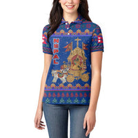 Nepal Christmas Women Polo Shirt with Blue-Red Pattern, Hindu Chariot Scene, and Om Symbol Motif - Wonder Print Shop