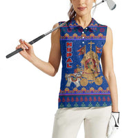 Nepal Christmas Women Sleeveless Polo Shirt with Blue-Red Pattern, Hindu Chariot Scene, and Om Symbol Motif - Wonder Print Shop