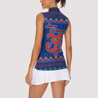 Nepal Christmas Women Sleeveless Polo Shirt with Blue-Red Pattern, Hindu Chariot Scene, and Om Symbol Motif - Wonder Print Shop