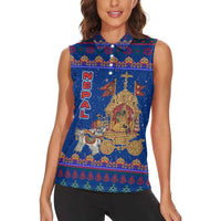 Nepal Christmas Women Sleeveless Polo Shirt with Blue-Red Pattern, Hindu Chariot Scene, and Om Symbol Motif - Wonder Print Shop