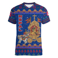 Nepal Christmas Women V-Neck T-Shirt with Blue-Red Pattern, Hindu Chariot Scene, and Om Symbol Motif - Wonder Print Shop