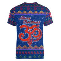 Nepal Christmas Women V-Neck T-Shirt with Blue-Red Pattern, Hindu Chariot Scene, and Om Symbol Motif - Wonder Print Shop