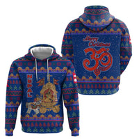 Nepal Christmas Zip Hoodie with Blue-Red Pattern, Hindu Chariot Scene, and Om Symbol Motif - Wonder Print Shop