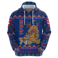 Nepal Christmas Zip Hoodie with Blue-Red Pattern, Hindu Chariot Scene, and Om Symbol Motif - Wonder Print Shop