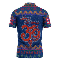 Nepal Christmas Zipper Polo Shirt with Blue-Red Pattern, Hindu Chariot Scene, and Om Symbol Motif - Wonder Print Shop