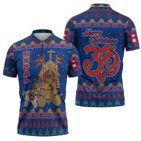 Nepal Christmas Zipper Polo Shirt with Blue-Red Pattern, Hindu Chariot Scene, and Om Symbol Motif - Wonder Print Shop