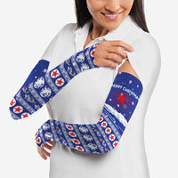 North Korea Christmas Arm Sleeves with Blue Pattern, Red Star, and Snowy Mountain Motif - Wonder Print Shop