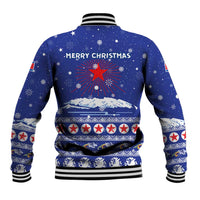 North Korea Christmas Baseball Jacket with Blue Pattern, Red Star, and Snowy Mountain Motif - Wonder Print Shop
