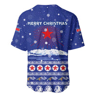 North Korea Christmas Baseball Jersey with Blue Pattern, Red Star, and Snowy Mountain Motif - Wonder Print Shop