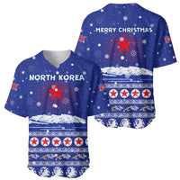 North Korea Christmas Baseball Jersey with Blue Pattern, Red Star, and Snowy Mountain Motif - Wonder Print Shop