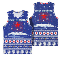North Korea Christmas Basketball Jersey with Blue Pattern, Red Star, and Snowy Mountain Motif - Wonder Print Shop