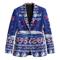 North Korea Christmas Blazer with Blue Pattern, Red Star, and Snowy Mountain Motif - Wonder Print Shop