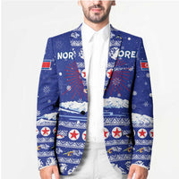 North Korea Christmas Blazer with Blue Pattern, Red Star, and Snowy Mountain Motif - Wonder Print Shop