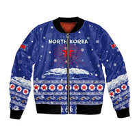 North Korea Christmas Bomber Jacket with Blue Pattern, Red Star, and Snowy Mountain Motif - Wonder Print Shop