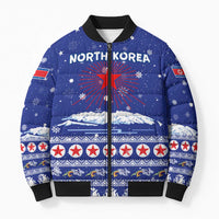 North Korea Christmas Bomber Puffer Jacket with Blue Pattern, Red Star, and Snowy Mountain Motif - Wonder Print Shop