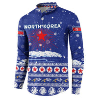 North Korea Christmas Button Sweatshirt with Blue Pattern, Red Star, and Snowy Mountain Motif - Wonder Print Shop