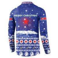 North Korea Christmas Button Sweatshirt with Blue Pattern, Red Star, and Snowy Mountain Motif - Wonder Print Shop