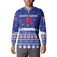 North Korea Christmas Button Sweatshirt with Blue Pattern, Red Star, and Snowy Mountain Motif - Wonder Print Shop