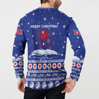 North Korea Christmas Button Sweatshirt with Blue Pattern, Red Star, and Snowy Mountain Motif - Wonder Print Shop