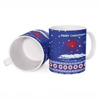 North Korea Christmas Ceramic Mug with Blue Pattern, Red Star, and Snowy Mountain Motif - Wonder Print Shop