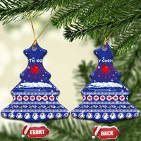 North Korea Christmas Ceramic Ornament with Blue Pattern, Red Star, and Snowy Mountain Motif - Wonder Print Shop