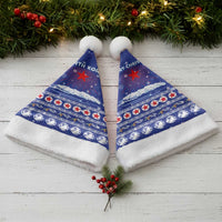 North Korea Christmas Santa Hat with Blue Pattern, Red Star, and Snowy Mountain Motif - Wonder Print Shop