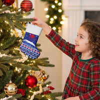 North Korea Christmas Stocking with Blue Pattern, Red Star, and Snowy Mountain Motif - Wonder Print Shop