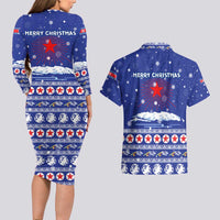 North Korea Christmas Couples Matching Long Sleeve Bodycon Dress and Hawaiian Shirt with Blue Pattern, Red Star, and Snowy Mountain Motif - Wonder Print Shop