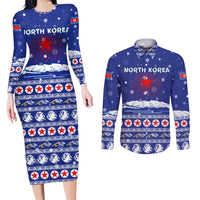 North Korea Christmas Couples Matching Long Sleeve Bodycon Dress and Long Sleeve Button Shirt with Blue Pattern, Red Star, and Snowy Mountain Motif - Wonder Print Shop
