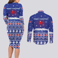 North Korea Christmas Couples Matching Long Sleeve Bodycon Dress and Long Sleeve Button Shirt with Blue Pattern, Red Star, and Snowy Mountain Motif - Wonder Print Shop