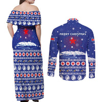 North Korea Christmas Couples Matching Off Shoulder Maxi Dress and Long Sleeve Button Shirt with Blue Pattern, Red Star, and Snowy Mountain Motif - Wonder Print Shop