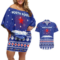North Korea Christmas Couples Matching Off Shoulder Short Dress and Hawaiian Shirt with Blue Pattern, Red Star, and Snowy Mountain Motif - Wonder Print Shop