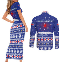 North Korea Christmas Couples Matching Short Sleeve Bodycon Dress and Long Sleeve Button Shirt with Blue Pattern, Red Star, and Snowy Mountain Motif - Wonder Print Shop