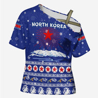 North Korea Christmas Cross Shoulder Shirt with Blue Pattern, Red Star, and Snowy Mountain Motif - Wonder Print Shop