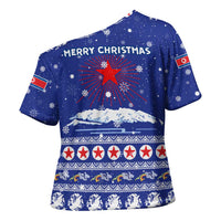 North Korea Christmas Cross Shoulder Shirt with Blue Pattern, Red Star, and Snowy Mountain Motif - Wonder Print Shop