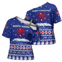 North Korea Christmas Cross Shoulder Shirt with Blue Pattern, Red Star, and Snowy Mountain Motif - Wonder Print Shop