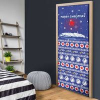 North Korea Christmas Door Cover with Blue Pattern, Red Star, and Snowy Mountain Motif - Wonder Print Shop