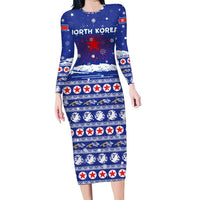 North Korea Christmas Family Matching Long Sleeve Bodycon Dress and Hawaiian Shirt with Blue Pattern, Red Star, and Snowy Mountain Motif - Wonder Print Shop