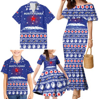 North Korea Christmas Family Matching Mermaid Dress and Hawaiian Shirt with Blue Pattern, Red Star, and Snowy Mountain Motif - Wonder Print Shop