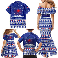 North Korea Christmas Family Matching Mermaid Dress and Hawaiian Shirt with Blue Pattern, Red Star, and Snowy Mountain Motif - Wonder Print Shop