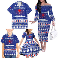 North Korea Christmas Family Matching Off The Shoulder Long Sleeve Dress and Hawaiian Shirt with Blue Pattern, Red Star, and Snowy Mountain Motif - Wonder Print Shop