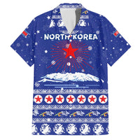 North Korea Christmas Family Matching Off The Shoulder Long Sleeve Dress and Hawaiian Shirt with Blue Pattern, Red Star, and Snowy Mountain Motif - Wonder Print Shop