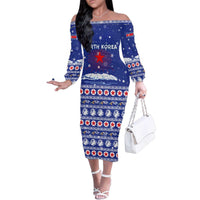 North Korea Christmas Family Matching Off The Shoulder Long Sleeve Dress and Hawaiian Shirt with Blue Pattern, Red Star, and Snowy Mountain Motif - Wonder Print Shop