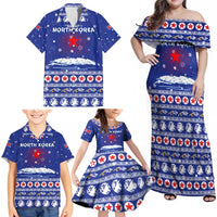 North Korea Christmas Family Matching Off Shoulder Maxi Dress and Hawaiian Shirt with Blue Pattern, Red Star, and Snowy Mountain Motif - Wonder Print Shop