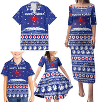North Korea Christmas Family Matching Puletasi and Hawaiian Shirt with Blue Pattern, Red Star, and Snowy Mountain Motif - Wonder Print Shop
