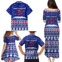 North Korea Christmas Family Matching Puletasi and Hawaiian Shirt with Blue Pattern, Red Star, and Snowy Mountain Motif - Wonder Print Shop