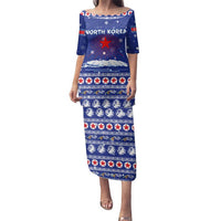 North Korea Christmas Family Matching Puletasi and Hawaiian Shirt with Blue Pattern, Red Star, and Snowy Mountain Motif - Wonder Print Shop