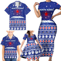 North Korea Christmas Family Matching Short Sleeve Bodycon Dress and Hawaiian Shirt with Blue Pattern, Red Star, and Snowy Mountain Motif - Wonder Print Shop