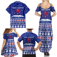 North Korea Christmas Family Matching Summer Maxi Dress and Hawaiian Shirt with Blue Pattern, Red Star, and Snowy Mountain Motif - Wonder Print Shop